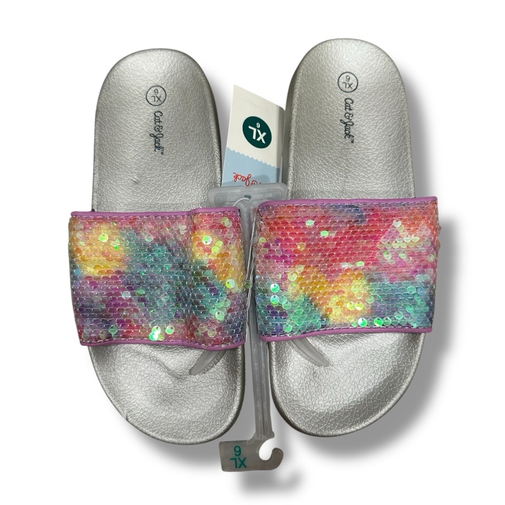 Cat & Jack Silver and Multicolor Sequin Slides size 6 girls